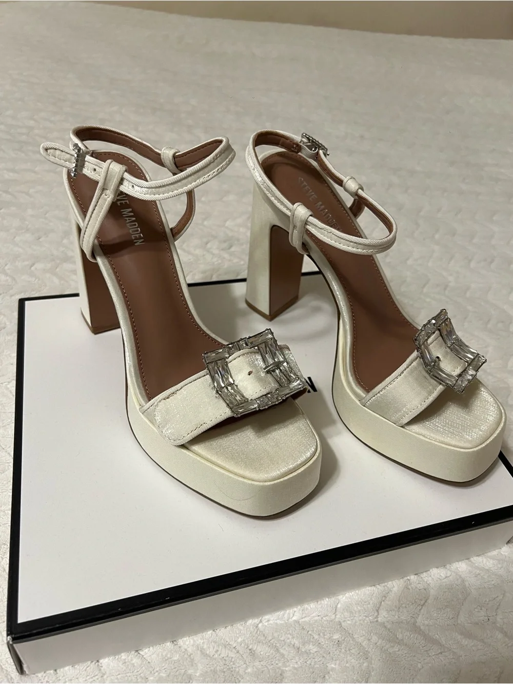 Steve Madden Ivory Satin Block Heel Sandals with Crystal Buckle